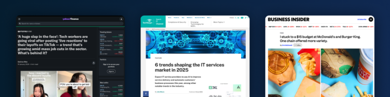 Screenshots of Yahoo Finance article on tech layoffs, TechTarget IT services trends 2025, and Business Insider on fast food budgets.