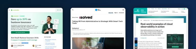 Screenshots of a Nerdwallet business insurance article, a USA Today HR tech tools article, and a TechTarget cloud observability example.